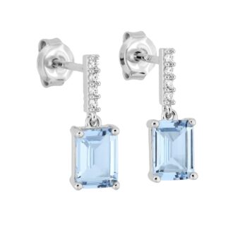 Boucles d'oreilles Argent Rhodié 925/1000 Oxyde Rectangulaire Bleu Clair et Oxydes Blancs
