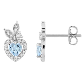 Boucles d'oreilles Argent Rhodié 925/1000 Coeur Oxyde Bleu Clair et Pavage Oxydes Blancs