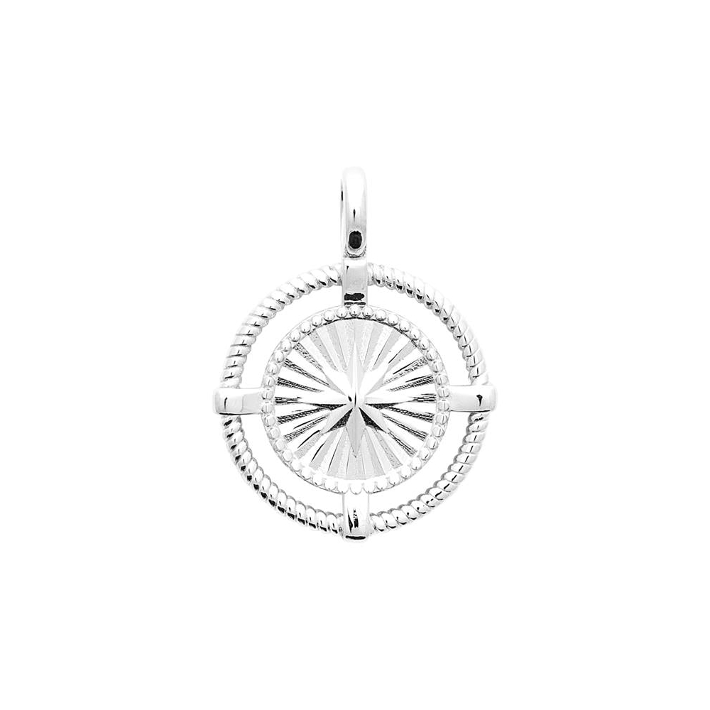 Pendentif Argent Rhodié 925/1000 Motif Étoile Fond Lapidé Bord Perlé et Corde Marine 14mm
