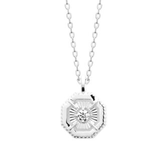 Collier Argent Rhodié 925/1000 Octogonal Oxyde Blanc Central Serti 4 griffes