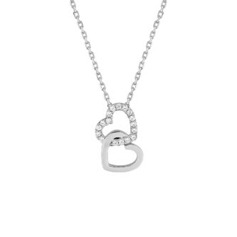 Collier Argent Rhodié 925/1000 Double Coeur Pavage Oxydes Blancs