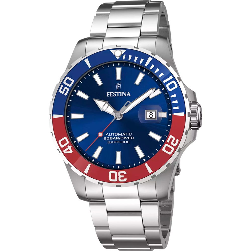 Montre Festina Homme Automatique Acier Fond Bleu Lunette Rouge et Bleue Verre Saphir F20531/5